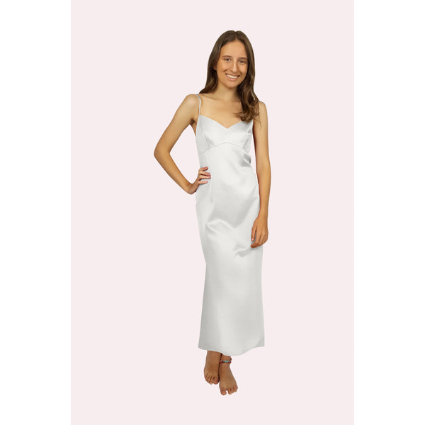 front view of long satin slip in pale ivory