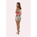 Rear view of bedtime satin romper in a floral pattern