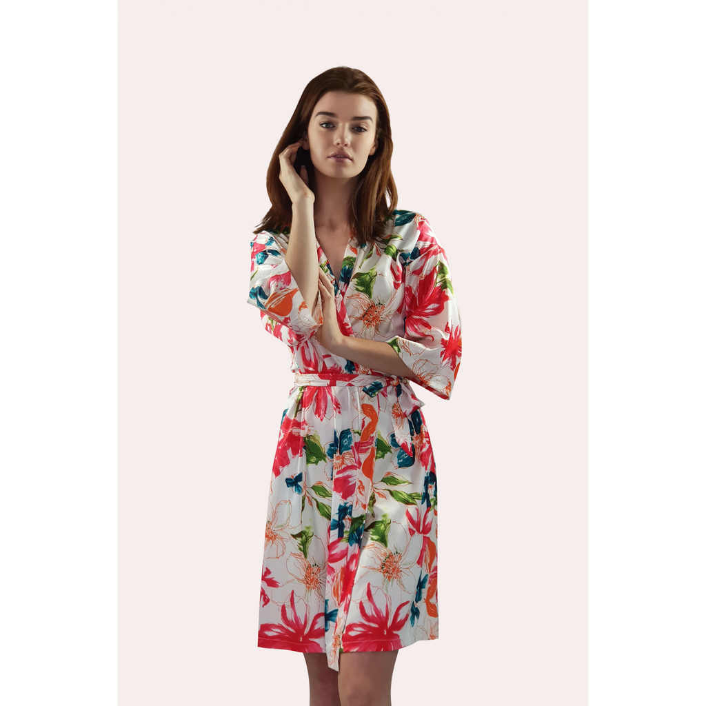 A knee length multi-coloured satin floral robe with side pockets  