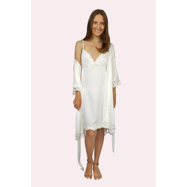 Knee length ivory coloured satin robe and slip set with lace trim on edges
