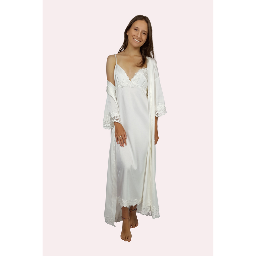 Long ivory coloured satin bridal robe and slip set with lace trim on edges 