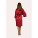 Rear view of knee length of satin robe in ruby colour