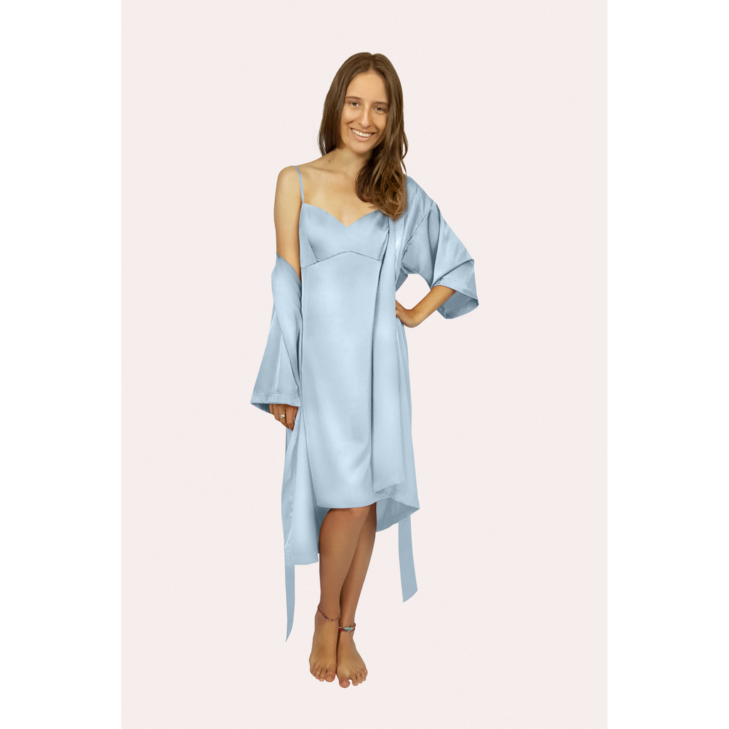 Pale blue satin robe and slip set 
