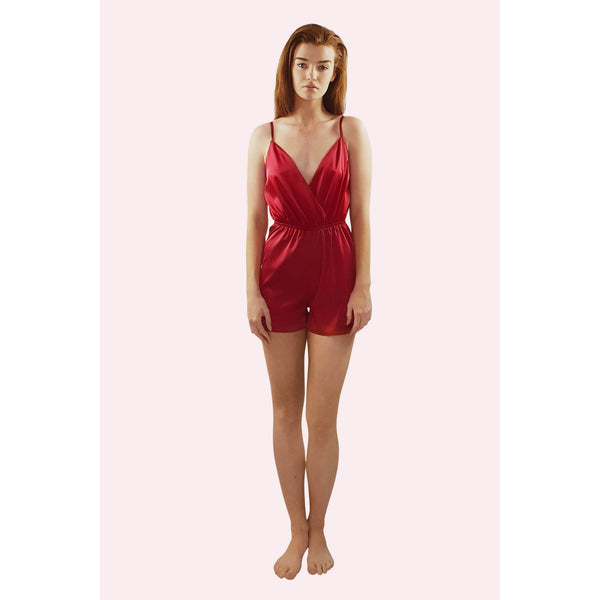 satin bedtime romper in a ruby colour