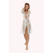 Knee length ivory spotted tulle bridal robe with beaded trim along the edges
