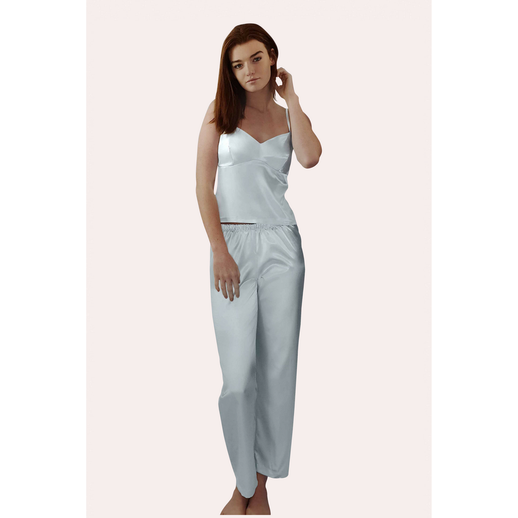 Two piece satin camisole and pants sleep set in pale blue