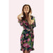 Knee length chiffon floral robe with frilled sleeve  and hem edges
